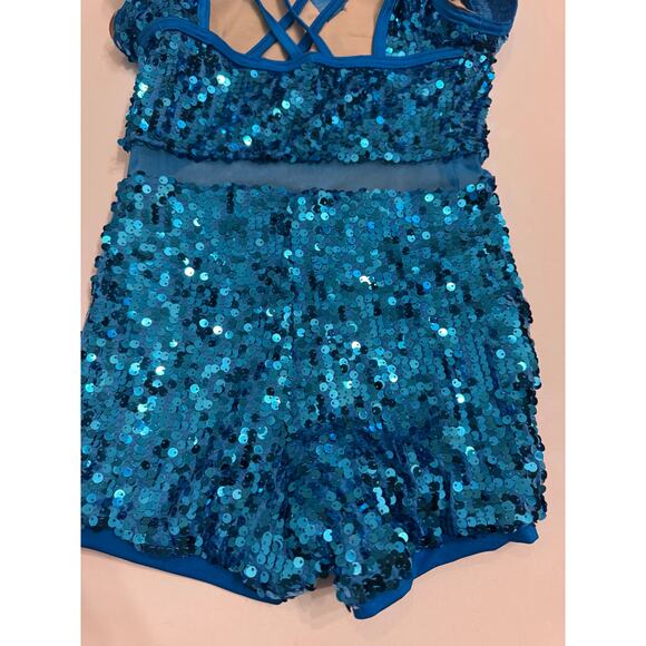 Weissman Crowd Go Crazy Blue Sequin Cap Sleeve Biketard Size MC Medium Child - Picture 6 of 8